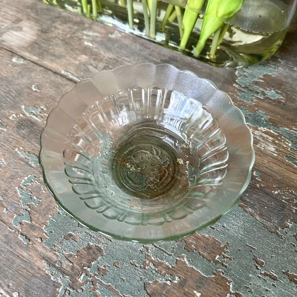 SET/6, NOVACRISA MEXICO, WILD ROSE FLORAL BLOSSOM, CLEAR BOWL WITH FROSTED RIM